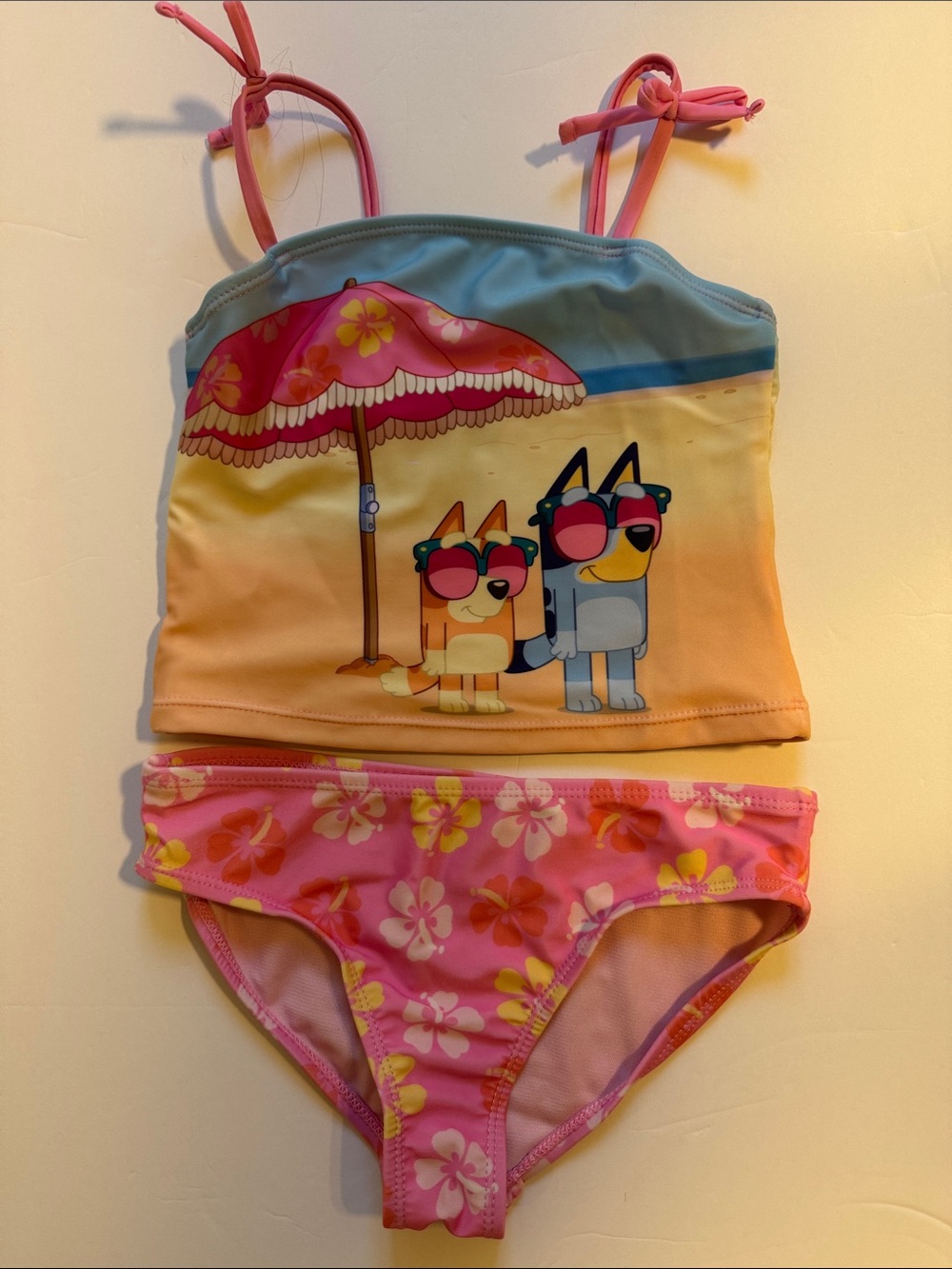 Girls Bluey Pink Floral Two-Piece Swim Set with Beach Print Size 6/6X